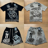 Hellstar 11 Symbol & Flame Graphic Tee & Shorts Set (Washed Black & Grey)
