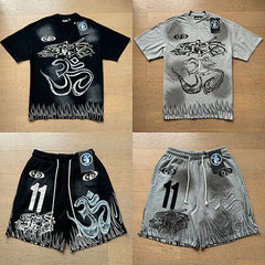 Hellstar 11 Symbol & Flame Graphic Tee & Shorts Set (Washed Black & Grey)