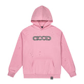 GOOD Silver Rhinestone Distressed Pink Hoodie
