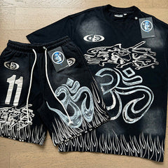 Hellstar 11 Symbol & Flame Graphic Tee & Shorts Set (Washed Black & Grey)