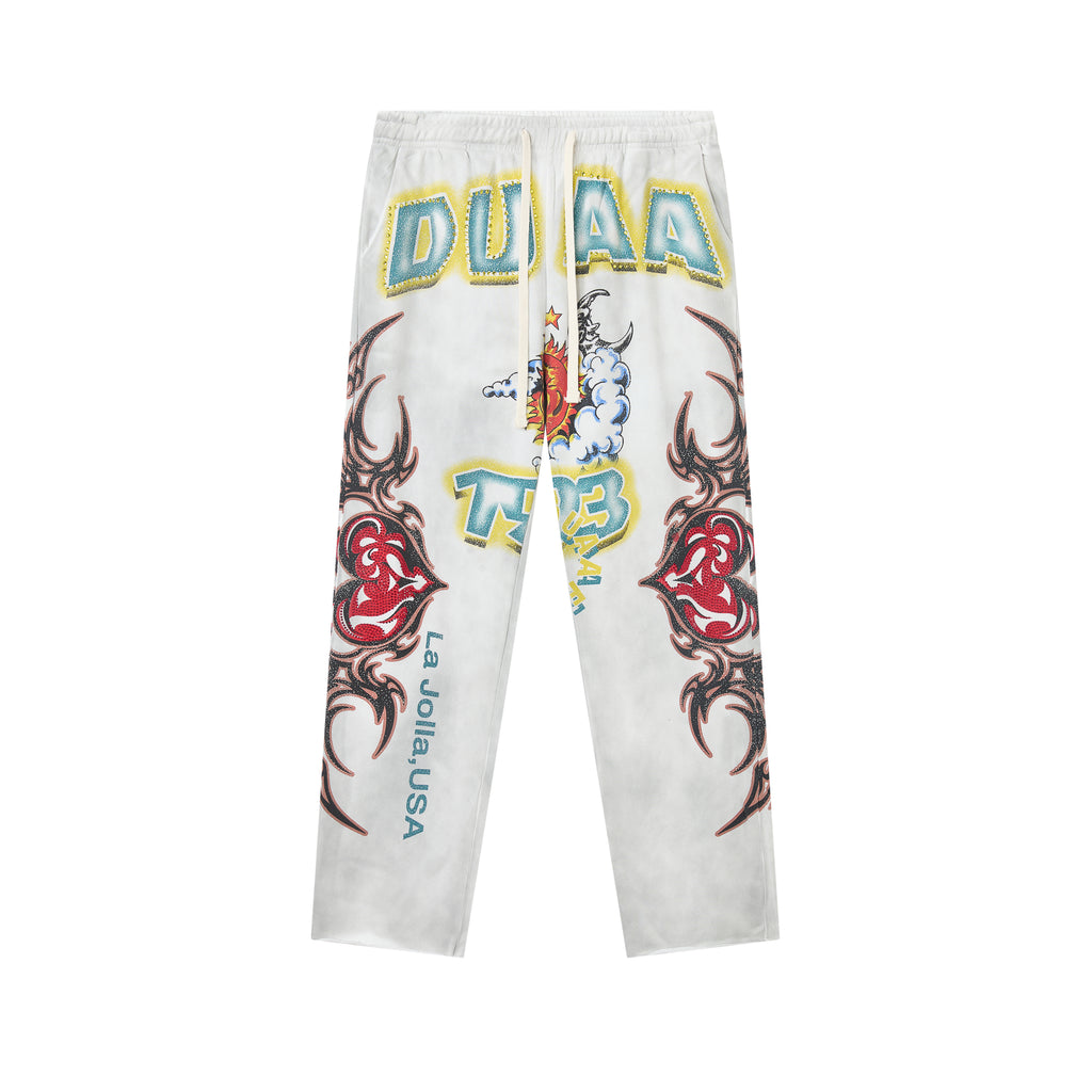 DUAA Sun Moon Heart Totem White Straight Sweatpants