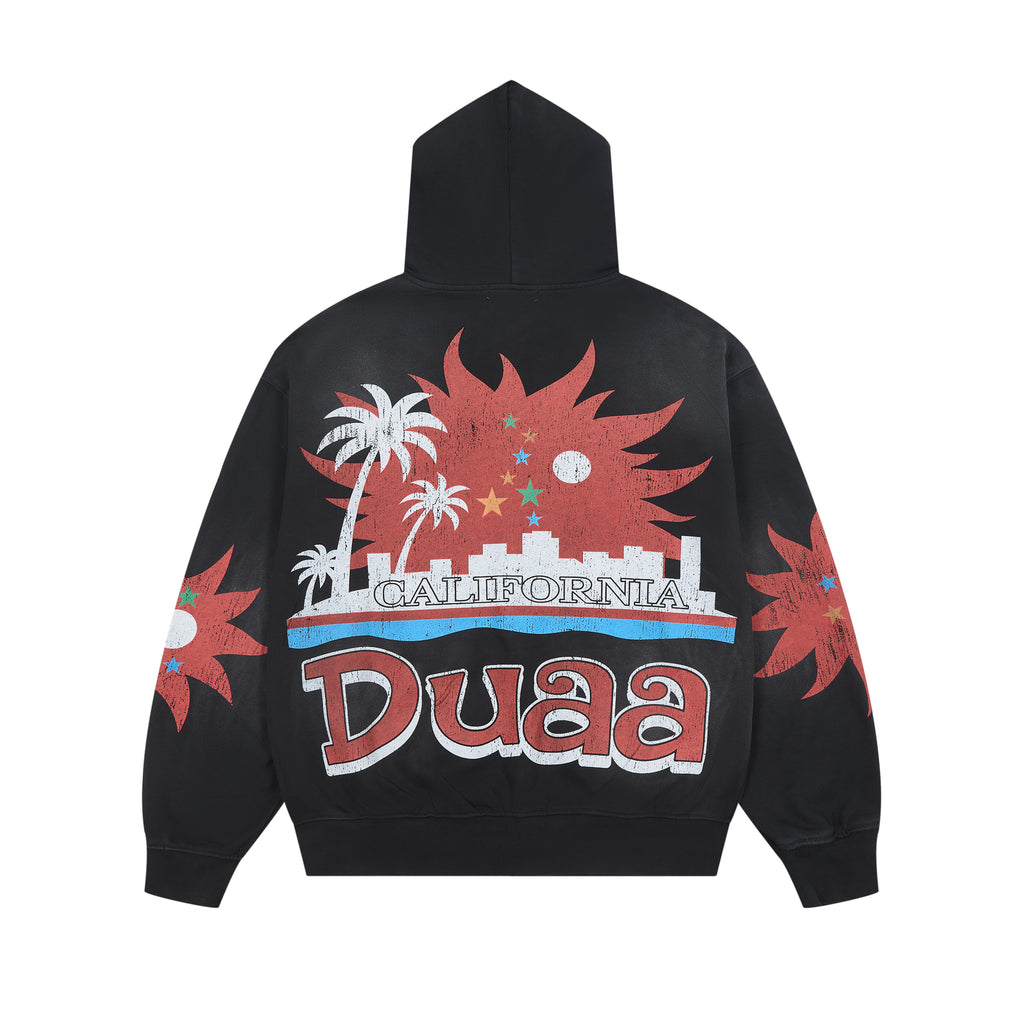 DUAA California Palm Tree Vintage Washed Black Zip Up Hoodie