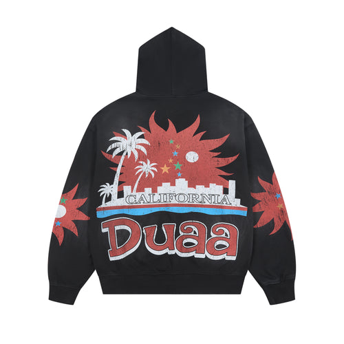 DUAA California Palm Tree Vintage Washed Black Zip Up Hoodie