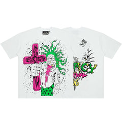 Hellstar Colorful Clown Cross Front & Back Print White Tee