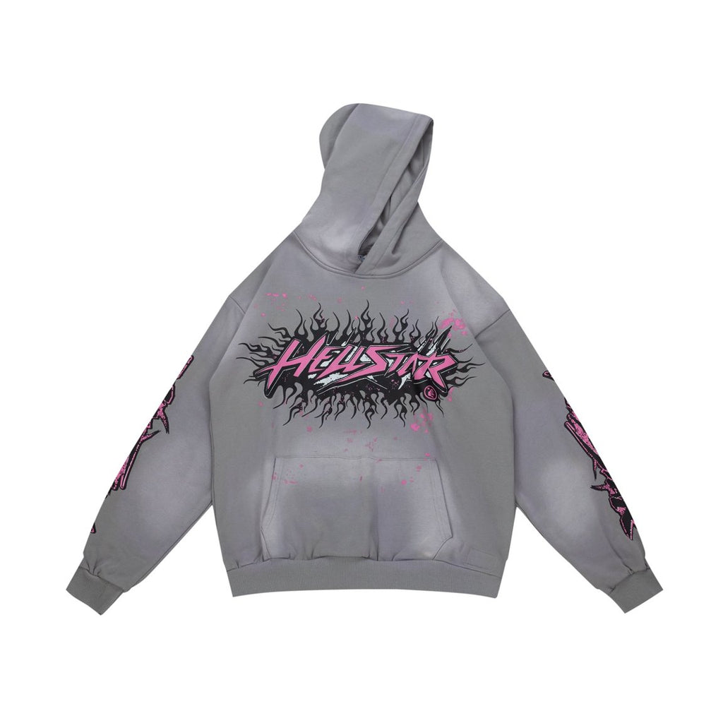 Hellstar Flame Logo Vintage Washed Grey Hoodie