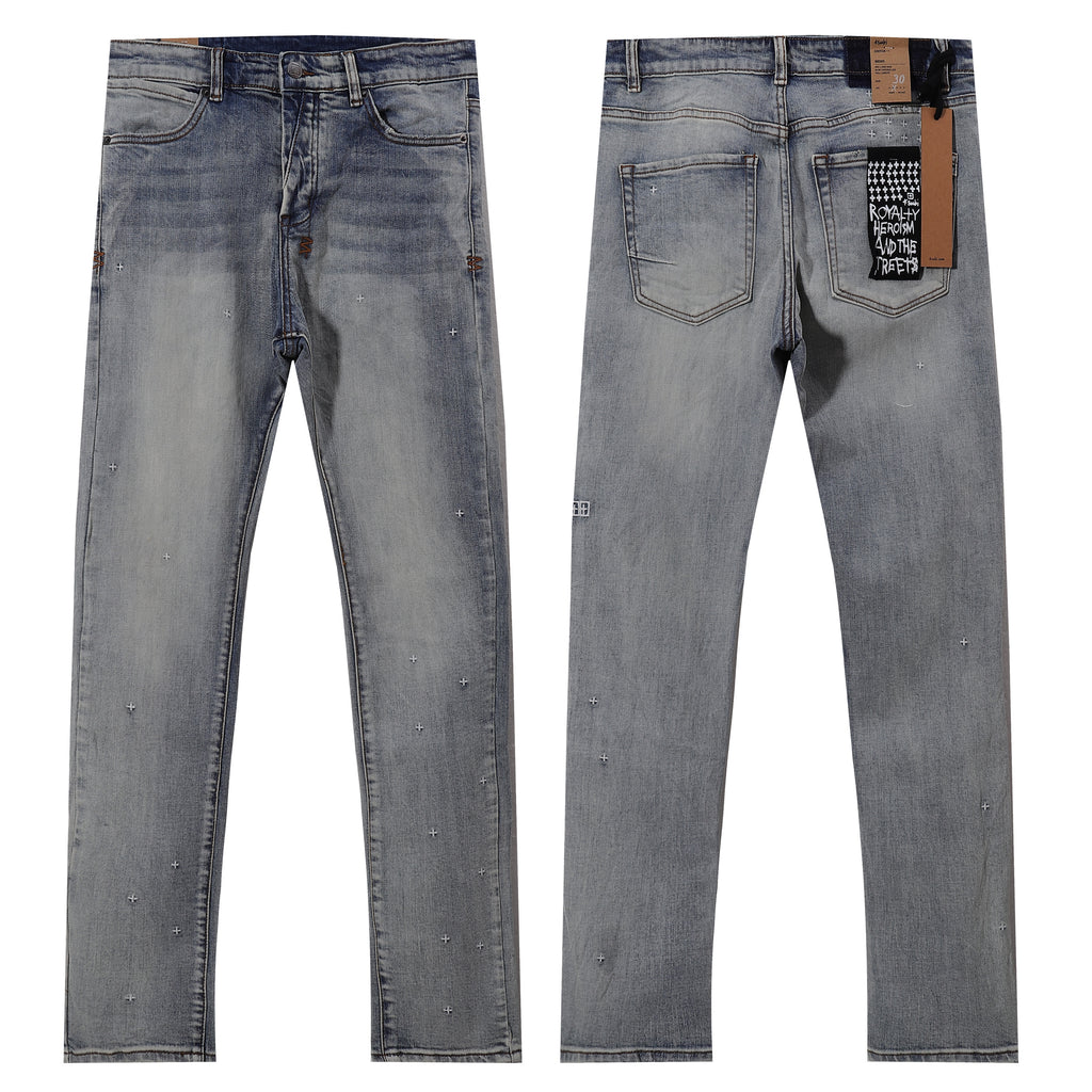 Ksubi Allover Cross Embroidery Light Washed Slim Jeans