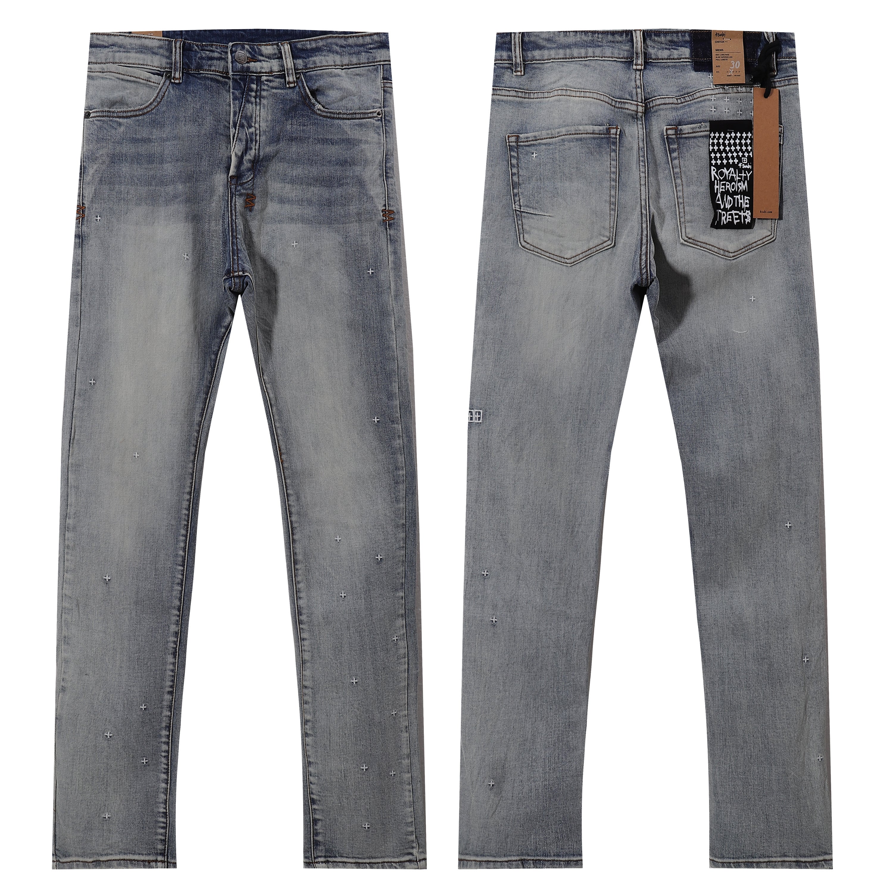 Ksubi Allover Cross Embroidery Light Washed Slim Jeans
