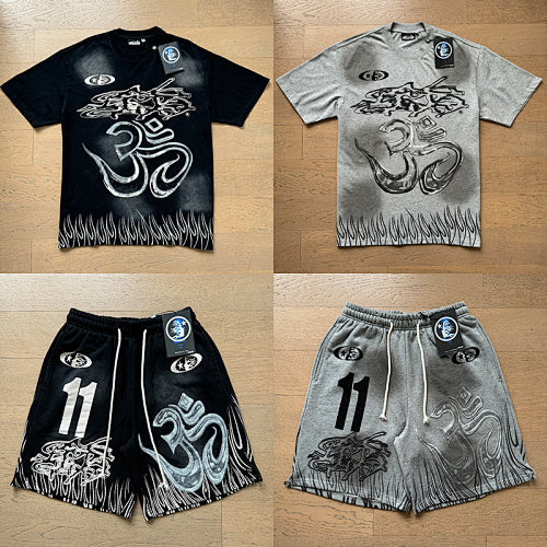 Hellstar 11 Symbol & Flame Graphic Tee & Shorts Set (Washed Black & Grey)