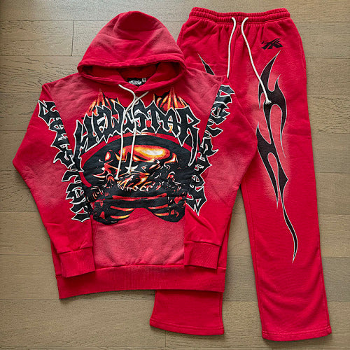 Hellstar Skull Flame Vintage Wash Tracksuit (Red)