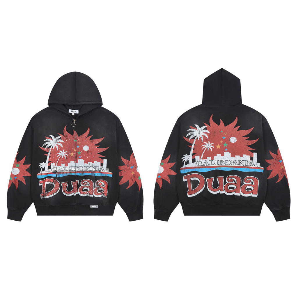 DUAA California Palm Tree Vintage Washed Black Zip Up Hoodie