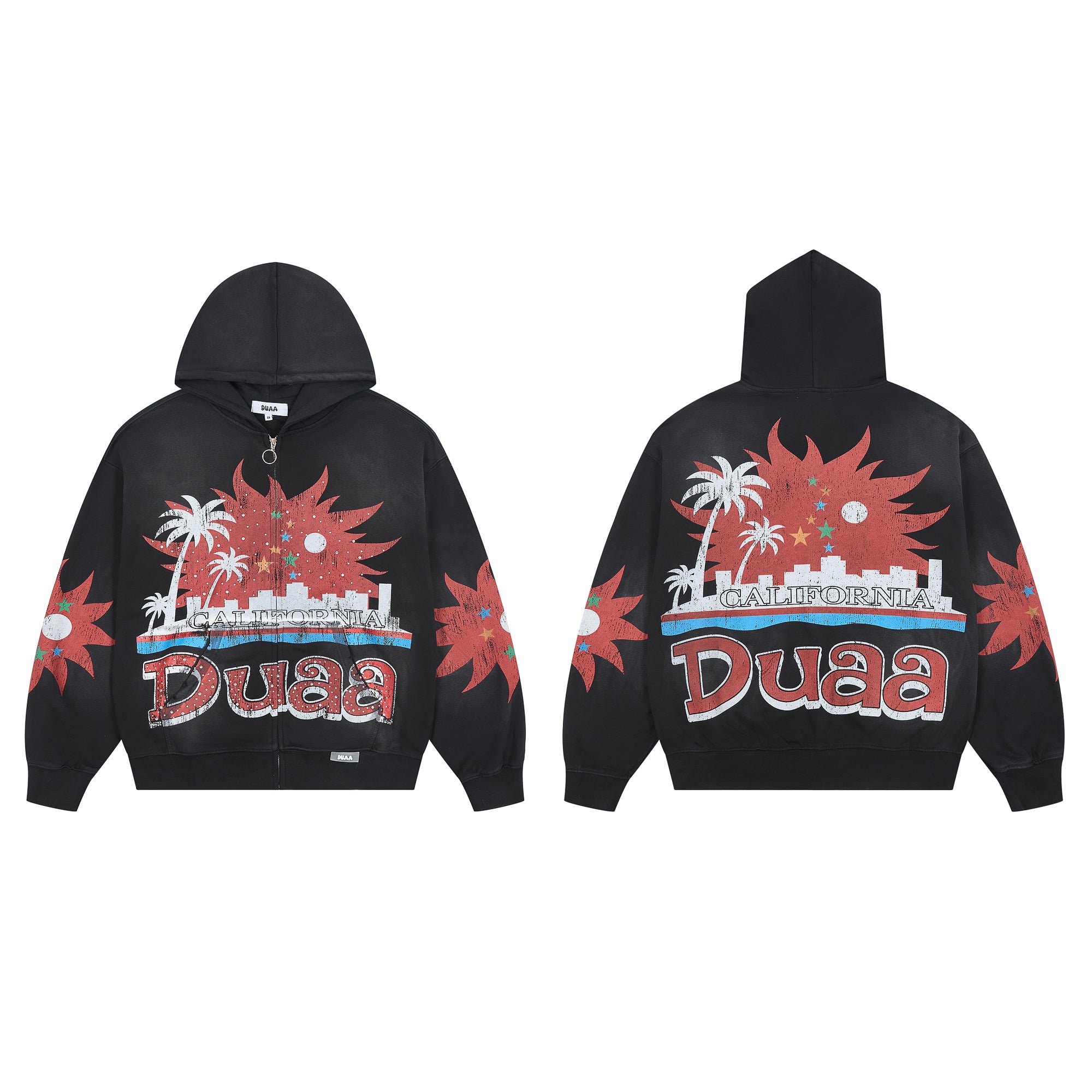 DUAA California Palm Tree Vintage Washed Black Zip Up Hoodie