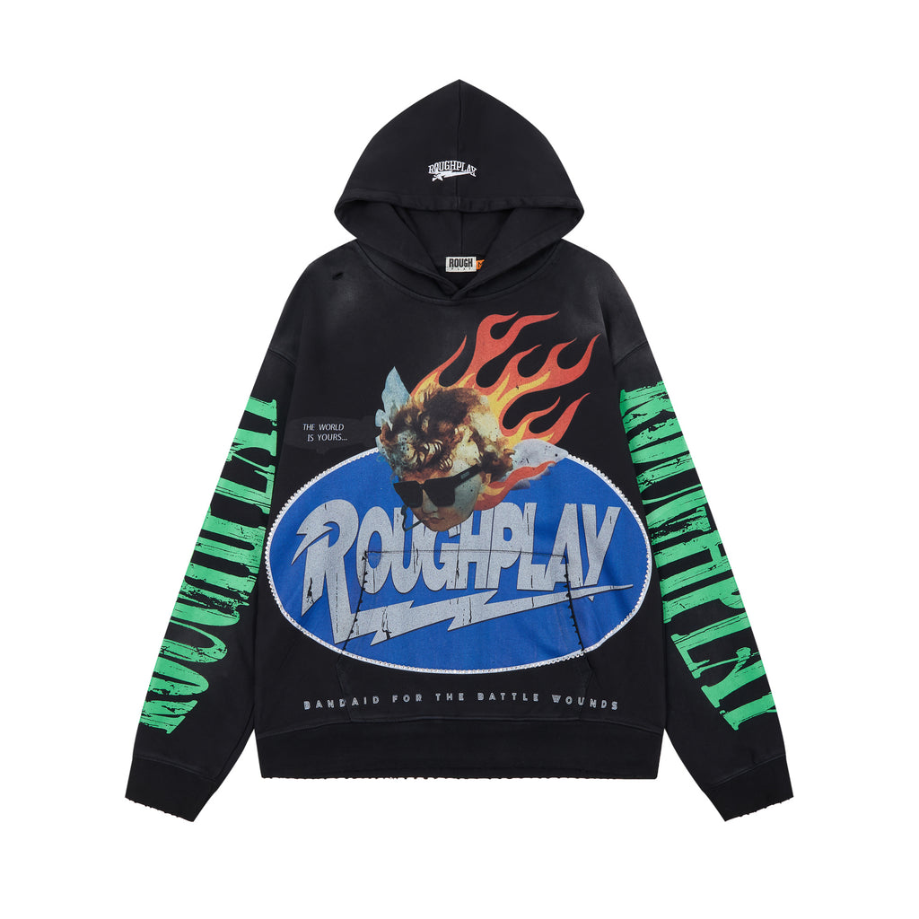 ROUGHPLAY Flame Figure Vintage Distressed Graphic Hoodie