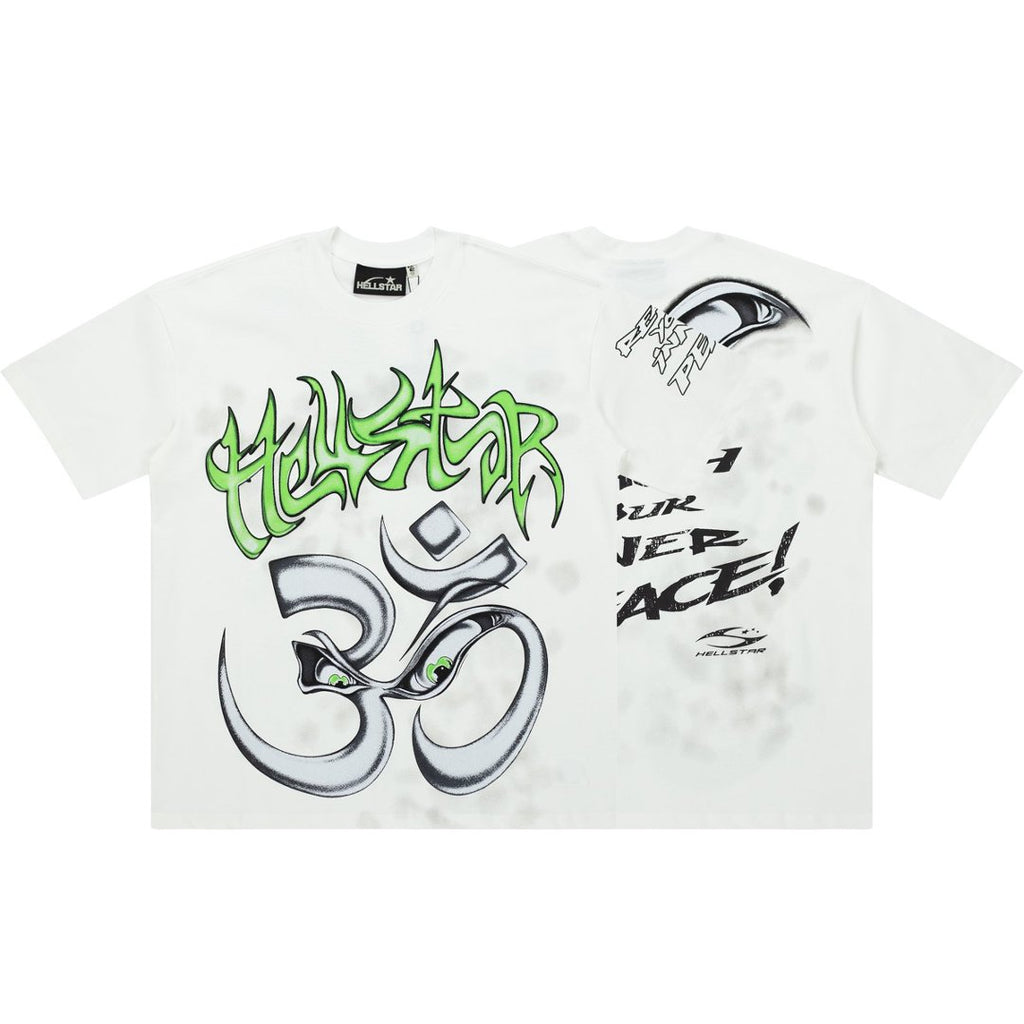 Hellstar Om Symbol Green Graffiti White Tee