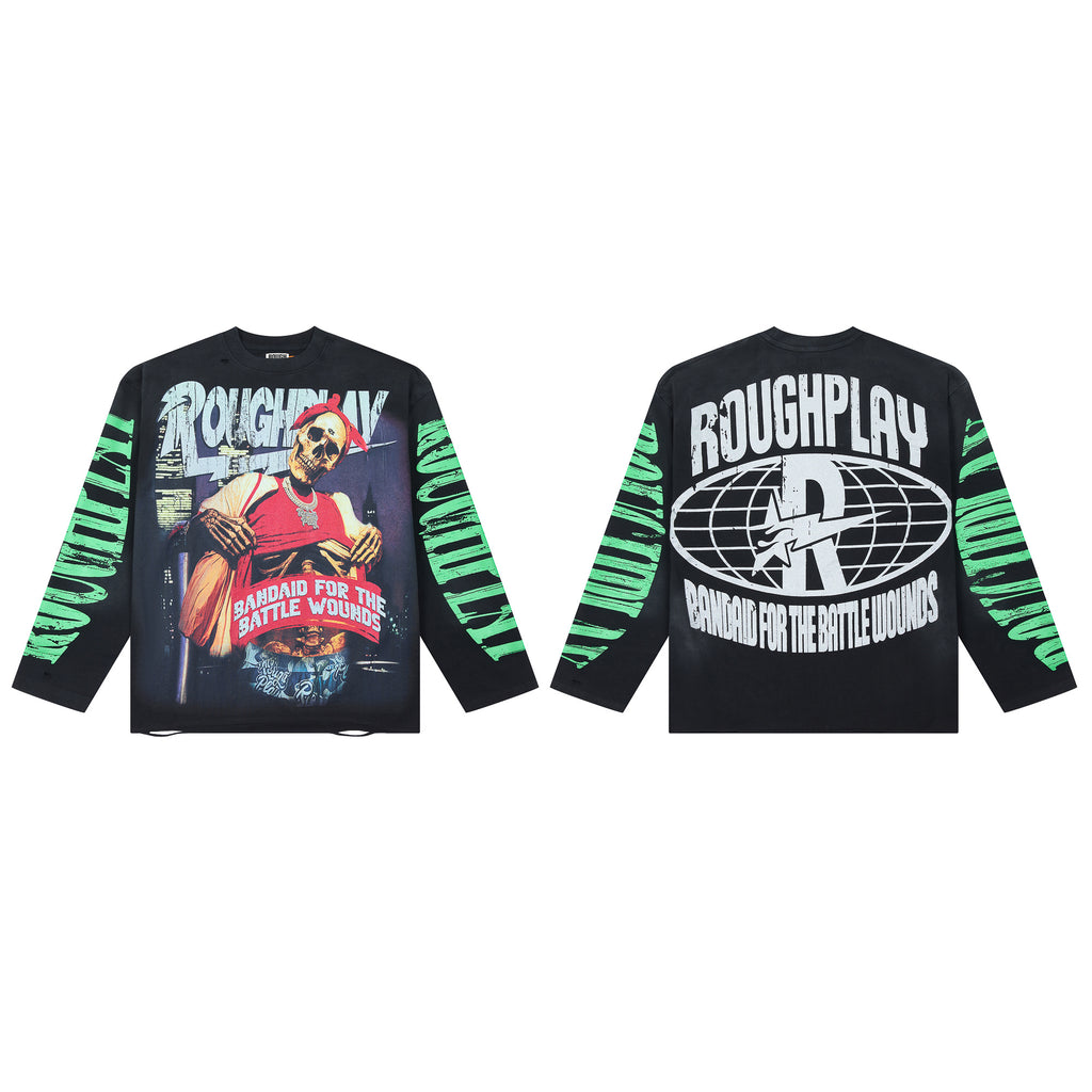 ROUGHPLAY Hip Hop Bandana Skeleton Vintage Long Sleeve Tee