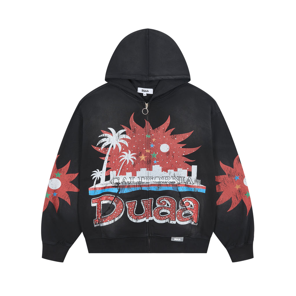 DUAA California Palm Tree Vintage Washed Black Zip Up Hoodie