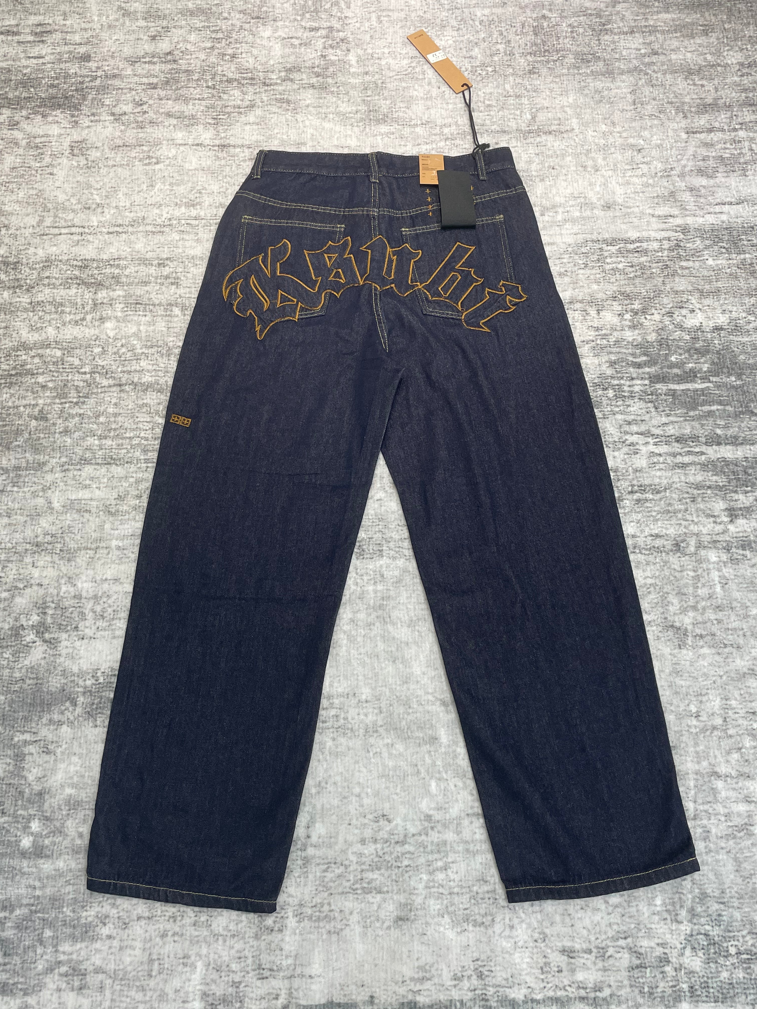 Ksubi Gothic Letter Embroidered Raw Denim Baggy Jeans