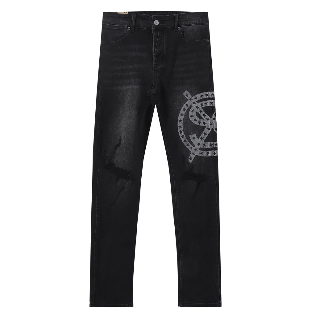 Ksubi Star Circle Logo Print Distressed Black Washed Slim Jeans