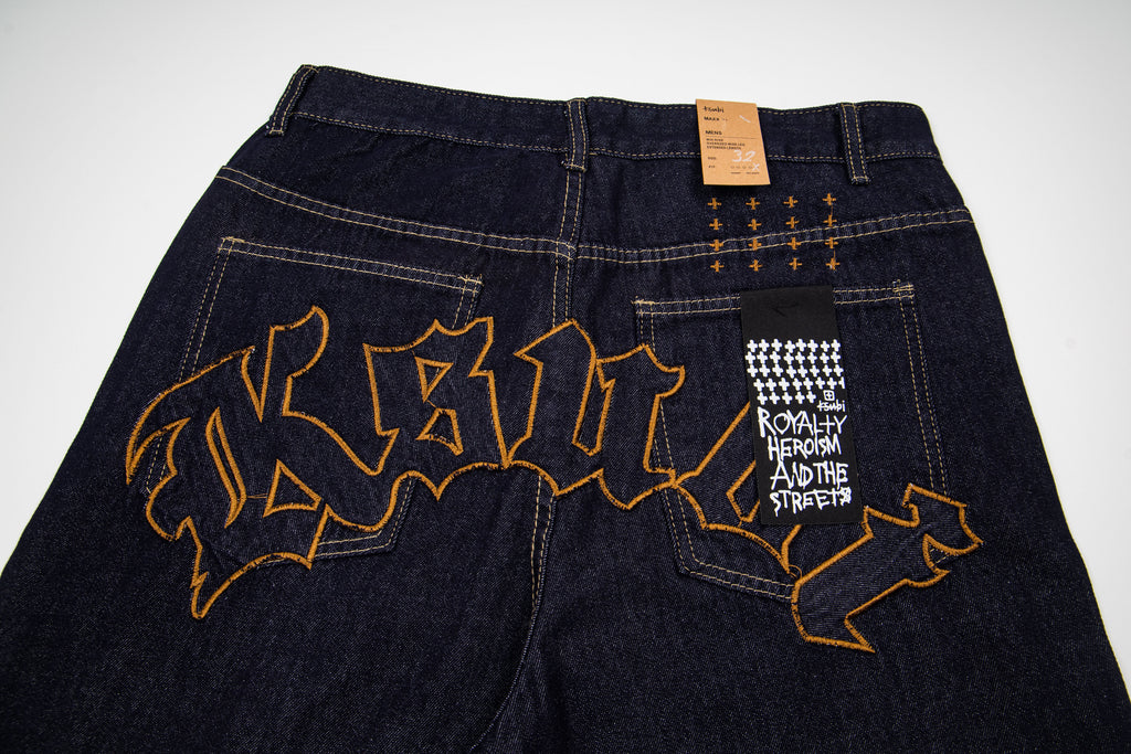 Ksubi Gothic Letter Embroidered Raw Denim Baggy Jeans