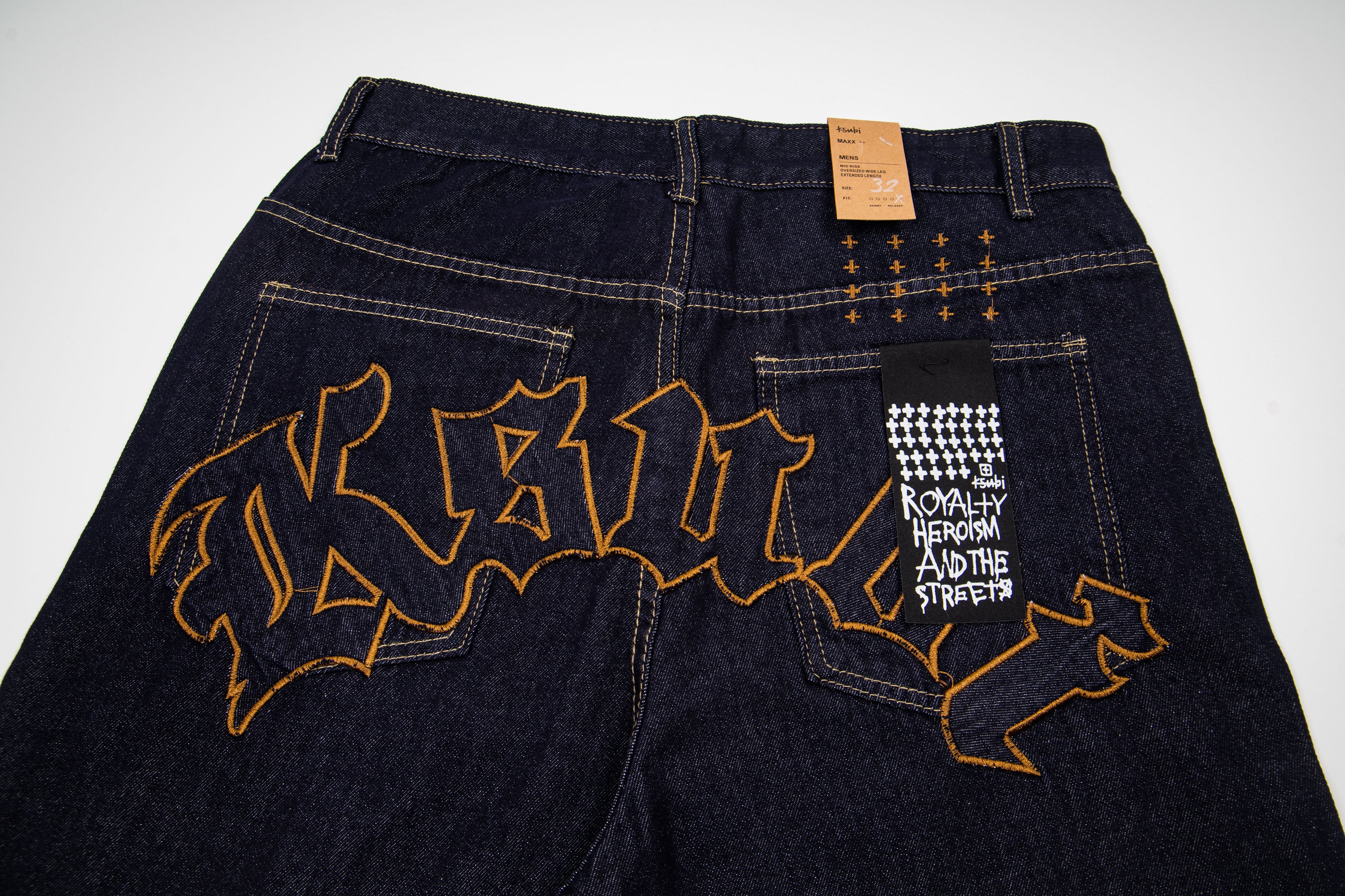 Ksubi Gothic Letter Embroidered Raw Denim Baggy Jeans