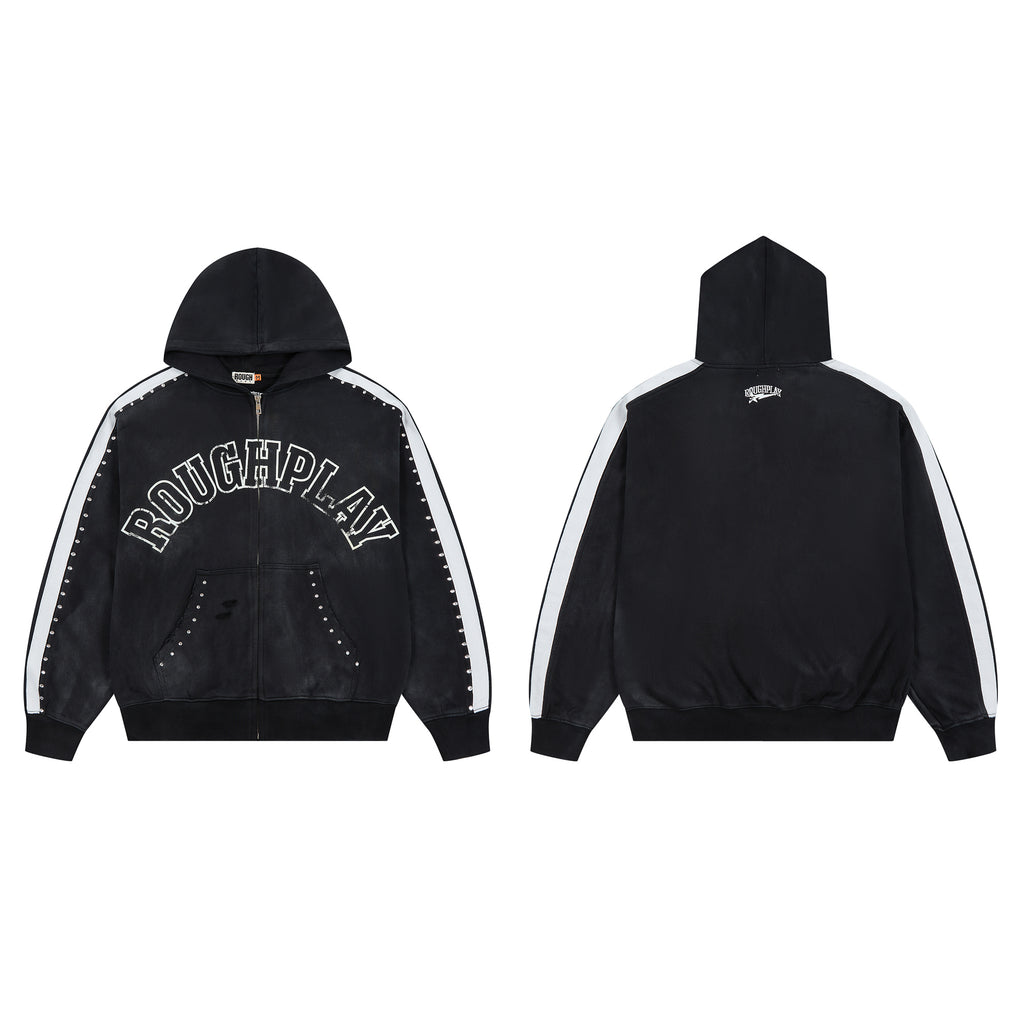 ROUGHPLAY Studded Stripe Vintage Zip-Up Hoodie