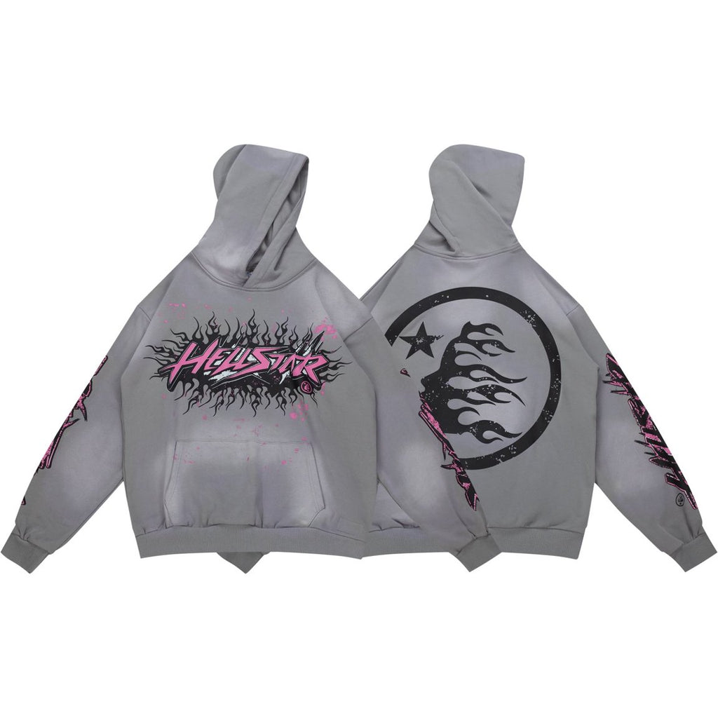 Hellstar Flame Logo Vintage Washed Grey Hoodie