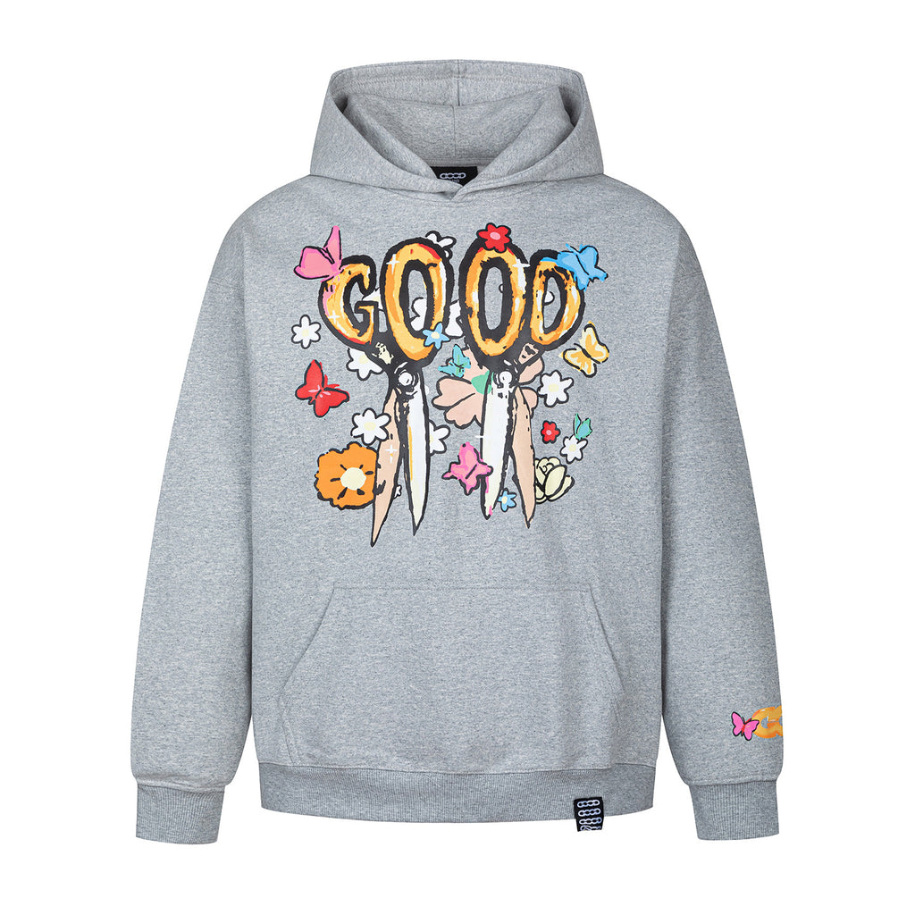 GOOD Scissors Floral Butterfly Print Gray Hoodie