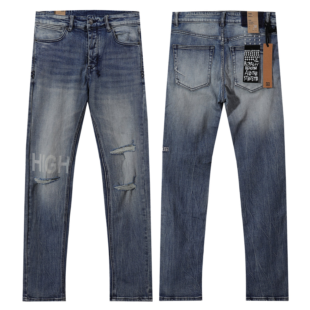Ksubi HIGH Letter Print Distressed Light Blue Slim Jeans