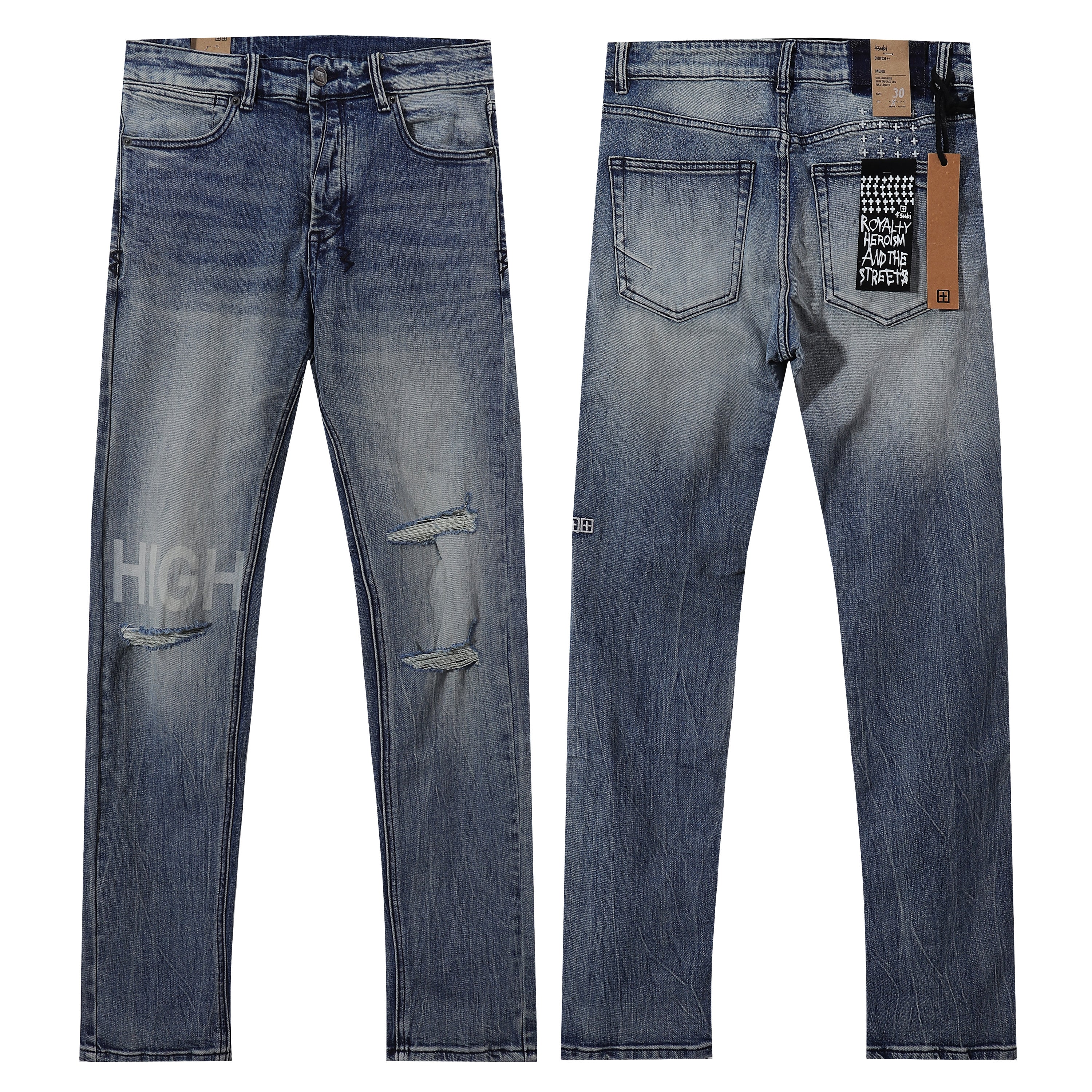 Ksubi HIGH Letter Print Distressed Light Blue Slim Jeans