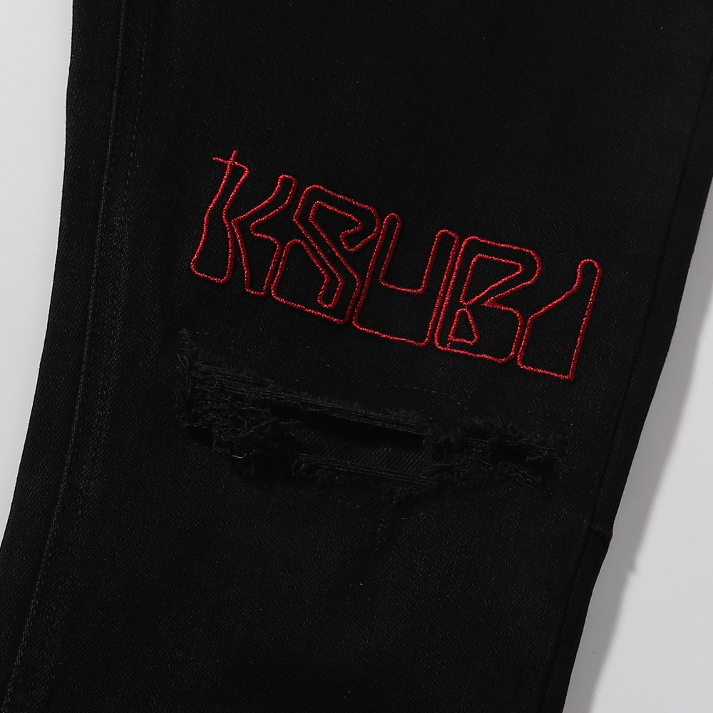 Ksubi Red Outline Logo Embroidered Black Slim Jeans