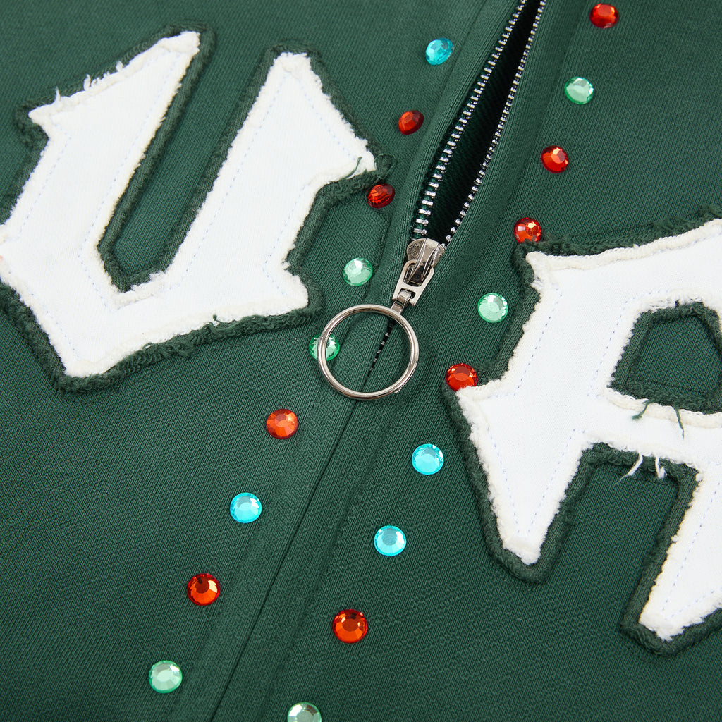 DUAA Gothic Letter 33 Rhinestone Dark Green Zip Up Hoodie