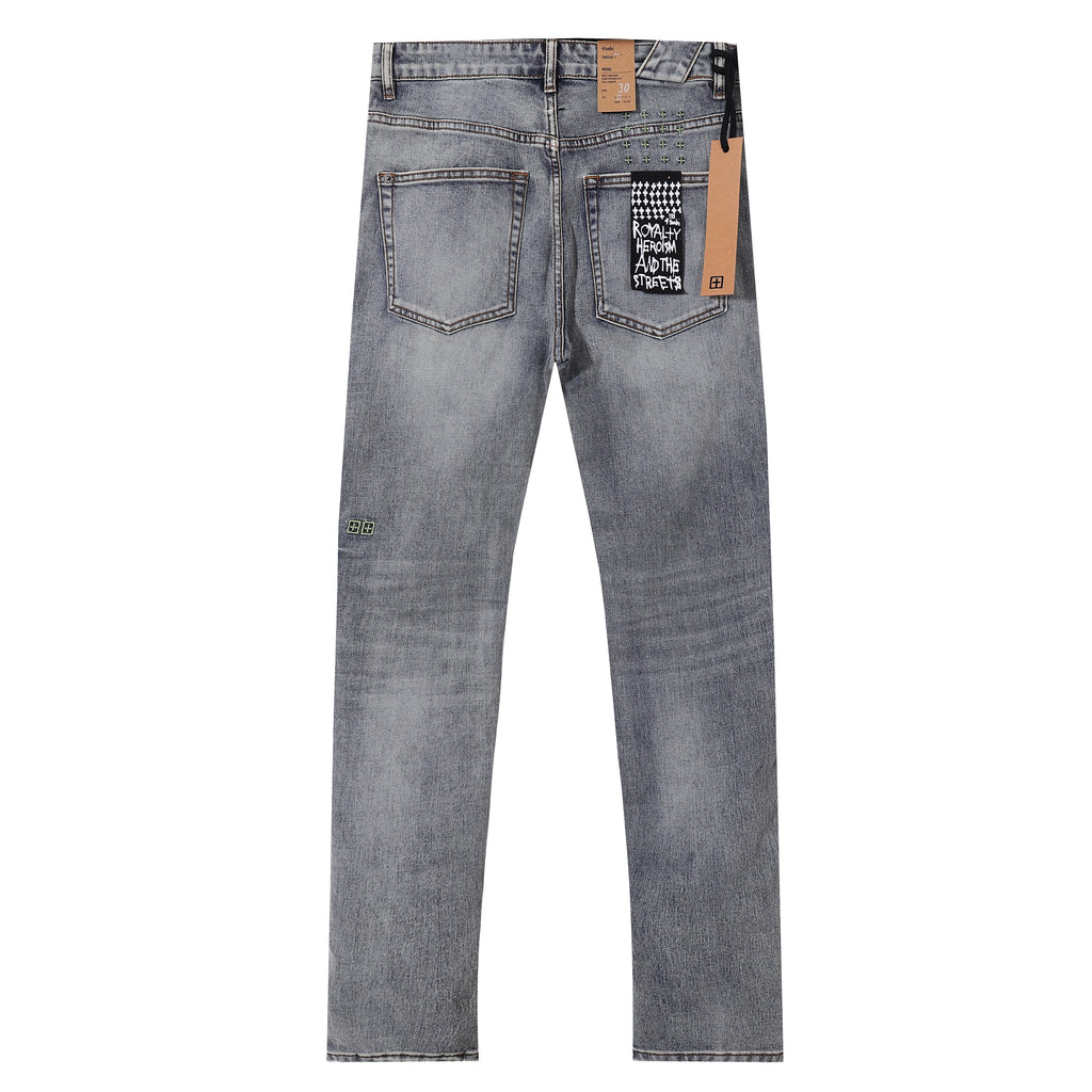 Ksubi Printed Logo Ripped Grey Wash Slim Jeans