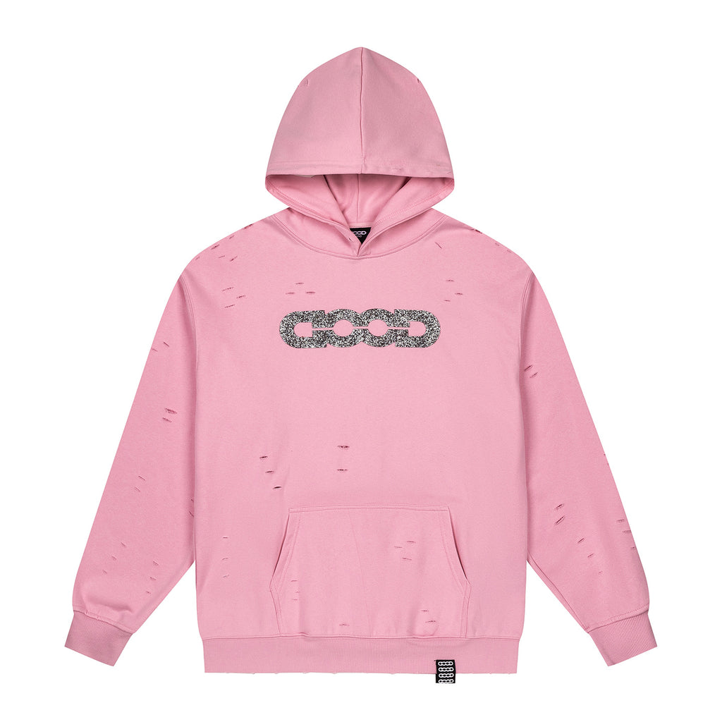 GOOD Silver Rhinestone Distressed Pink Hoodie