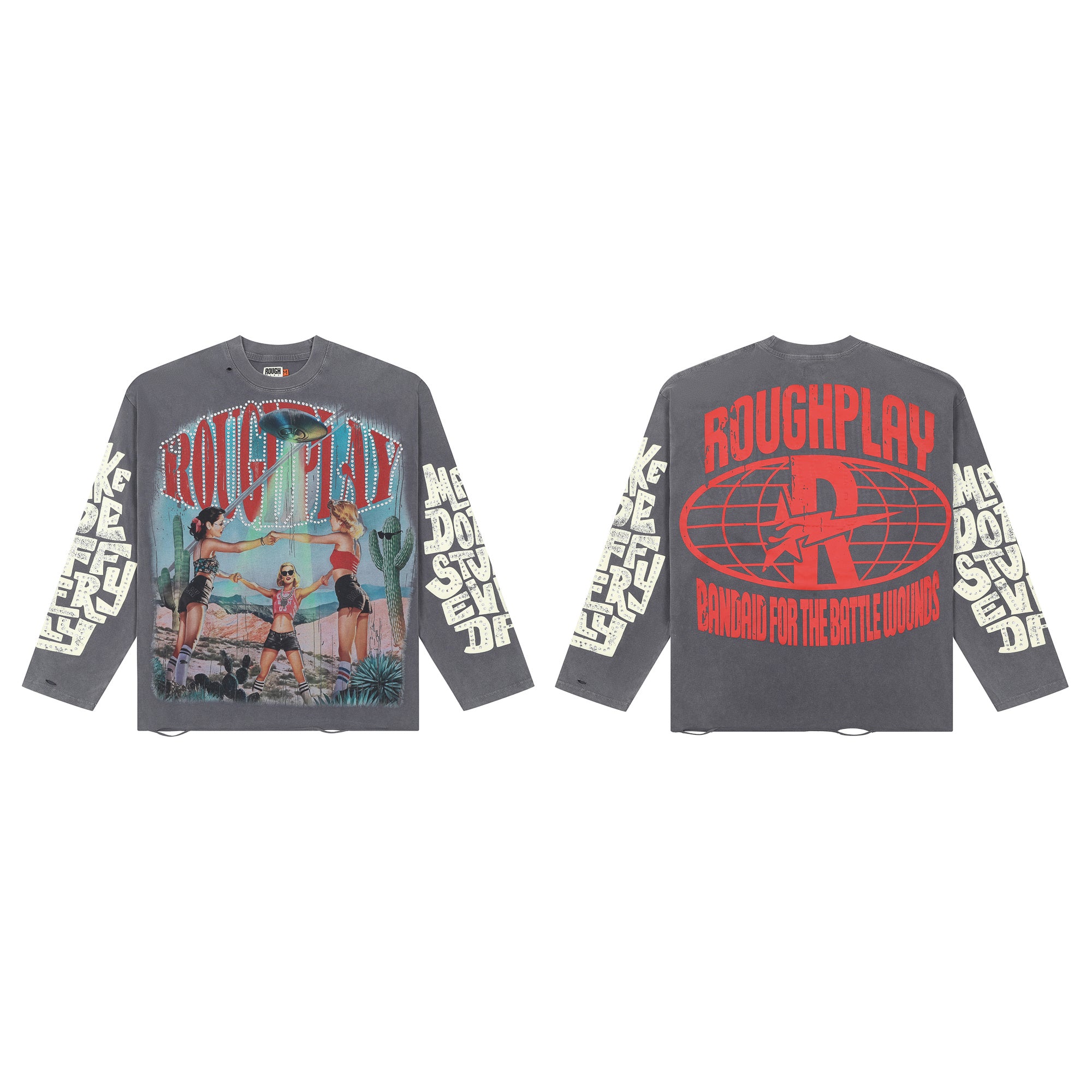 ROUGHPLAY Grey Desert UFO Pin-up Girls Vintage Long Sleeve Tee