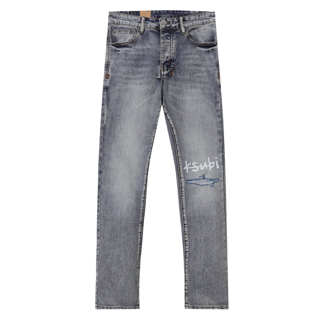 Ksubi Printed Logo Ripped Grey Wash Slim Jeans