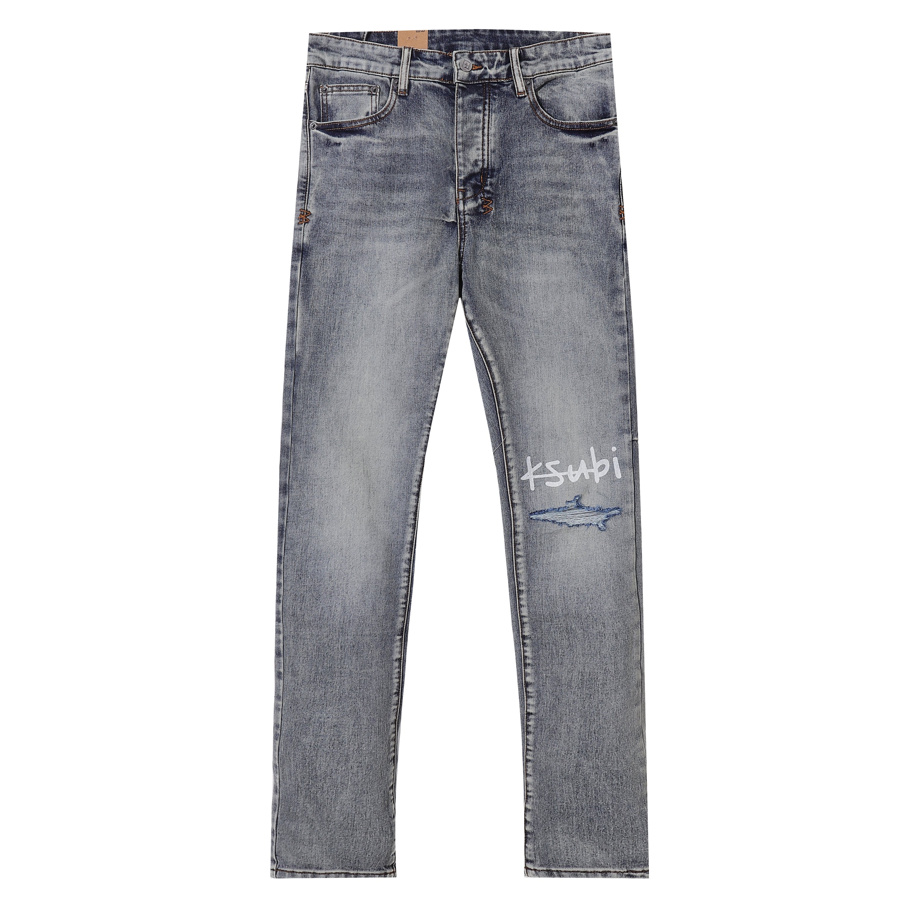 Ksubi Printed Logo Ripped Grey Wash Slim Jeans