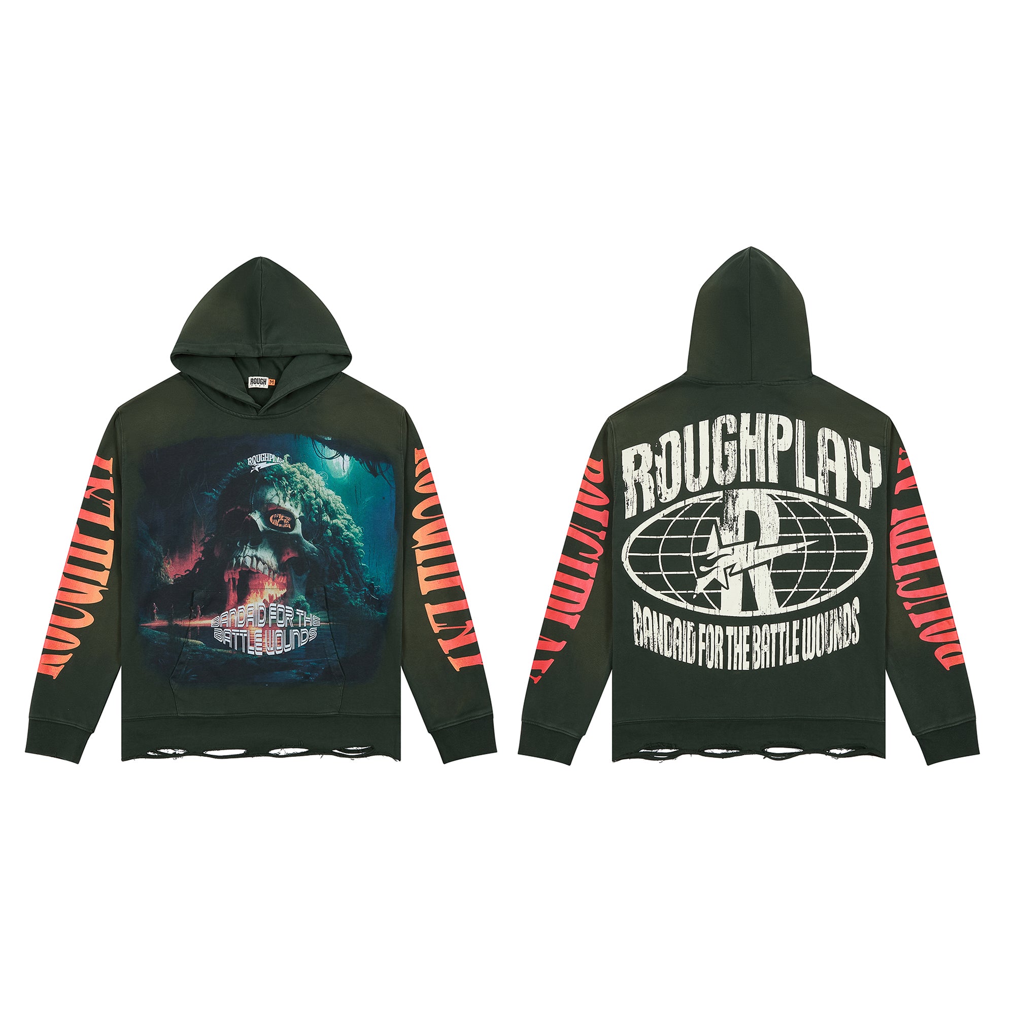 ROUGHPLAY Skull Graphic Distressed Hem Hoodie