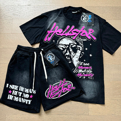 Hellstar I See Humans Pink Accent Graphic Tee & Shorts Set