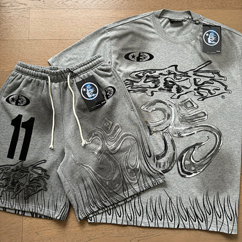 Hellstar 11 Symbol & Flame Graphic Tee & Shorts Set (Washed Black & Grey)