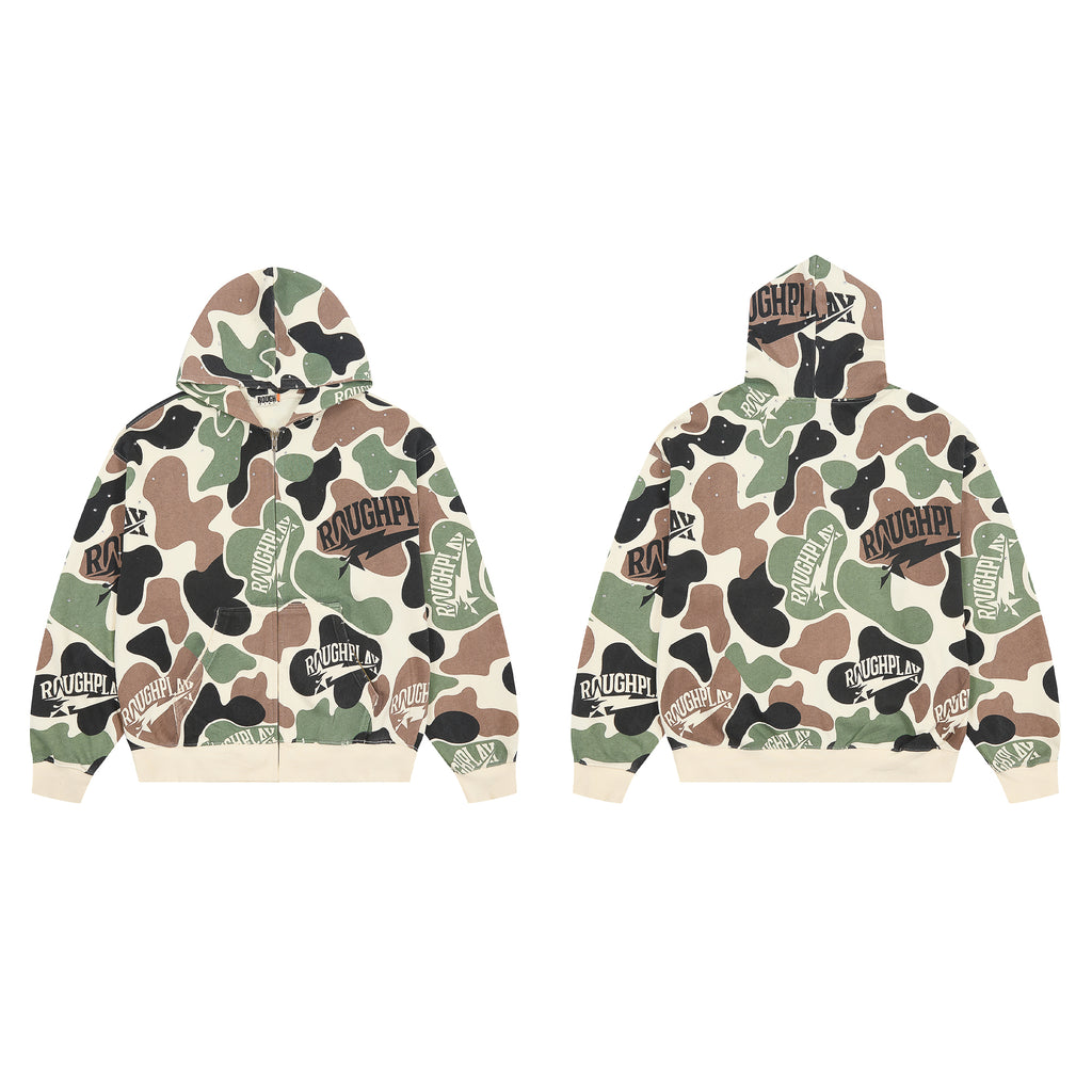 ROUGHPLAY Green Brown Camo Rhinestone Zip-Up Hoodie