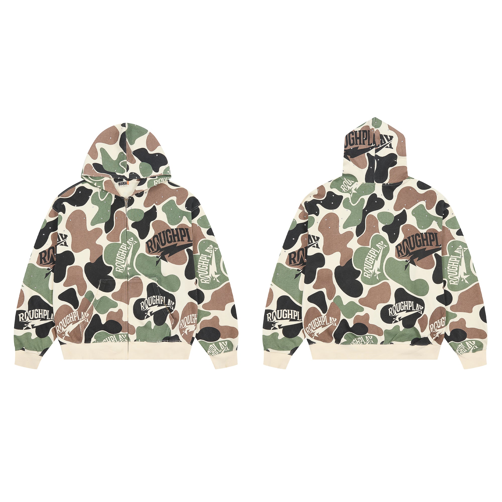 ROUGHPLAY Green Brown Camo Rhinestone Zip-Up Hoodie