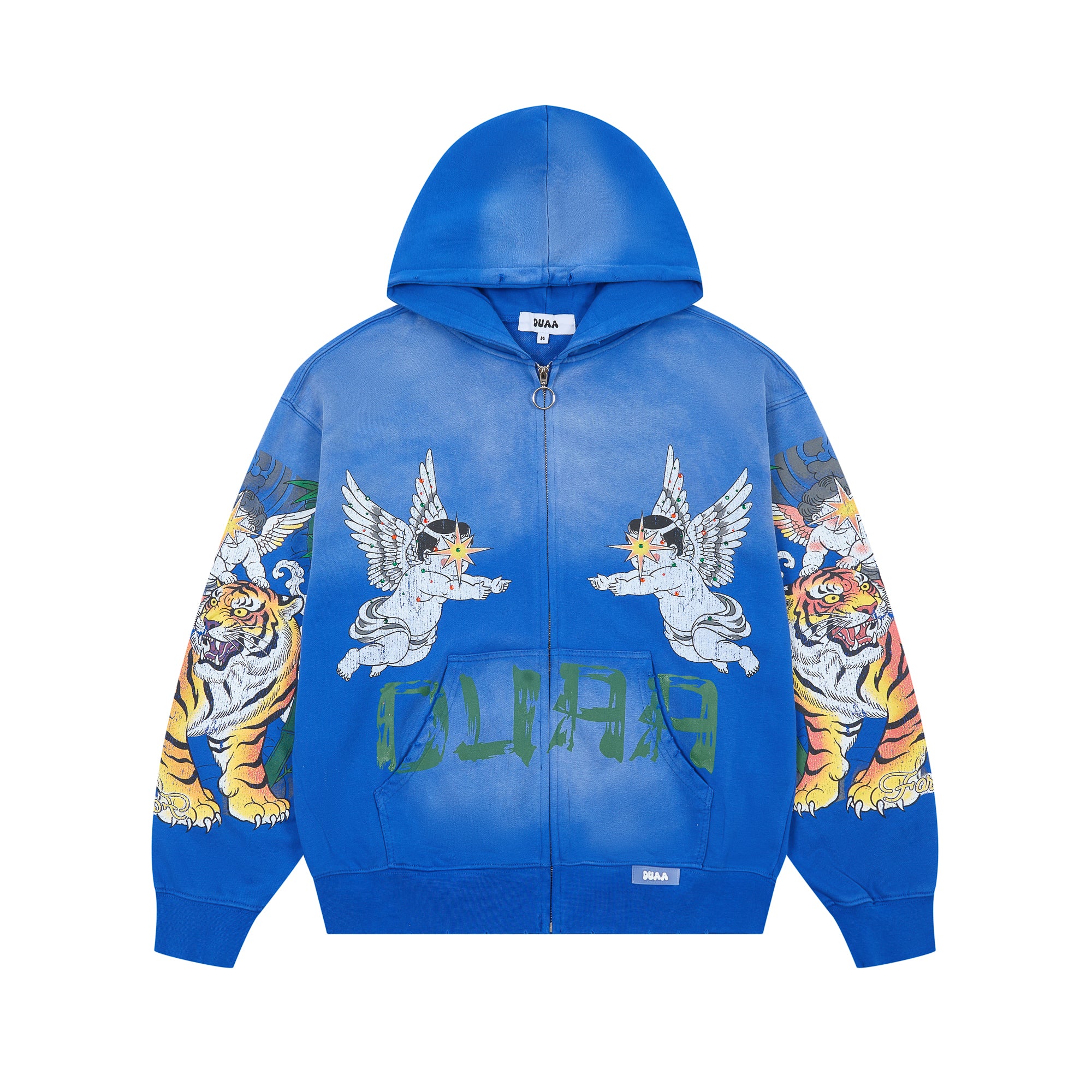DUAA Angel Tiger Vintage Washed Blue Zip Up Hoodie