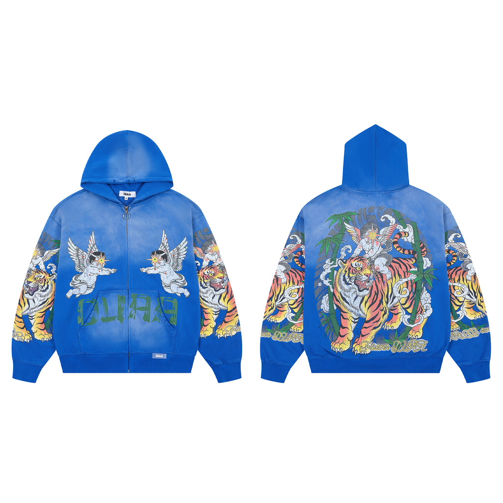 DUAA Angel Tiger Vintage Washed Blue Zip Up Hoodie