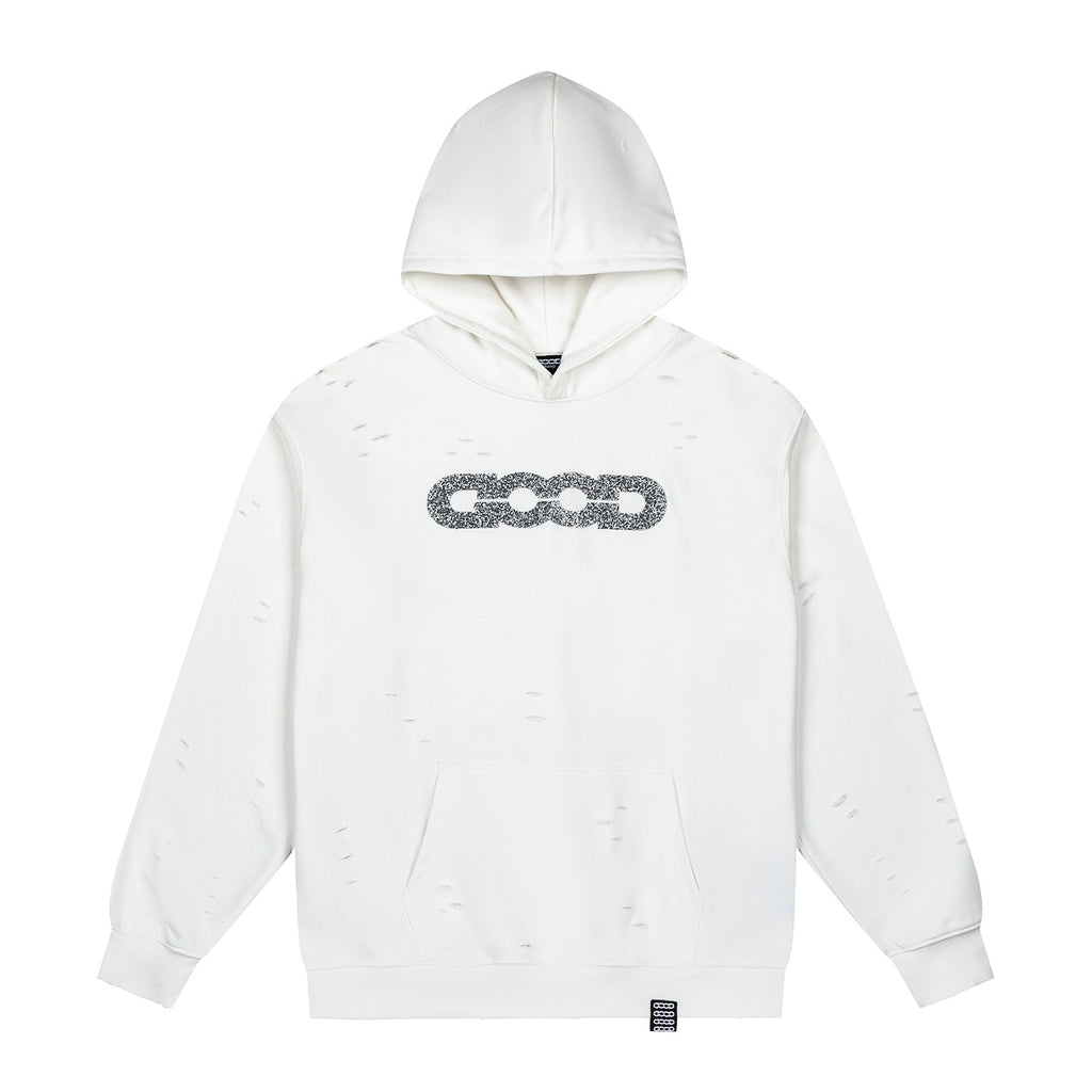 GOOD Silver Rhinestone Distressed White Hoodie