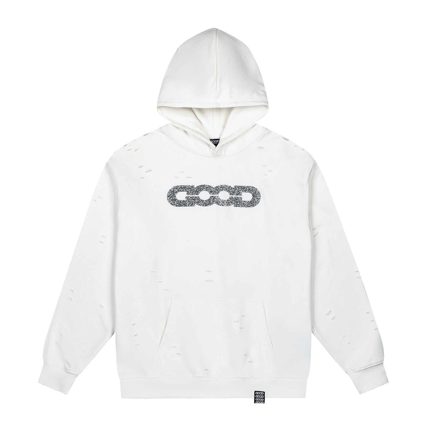 GOOD Silver Rhinestone Distressed White Hoodie