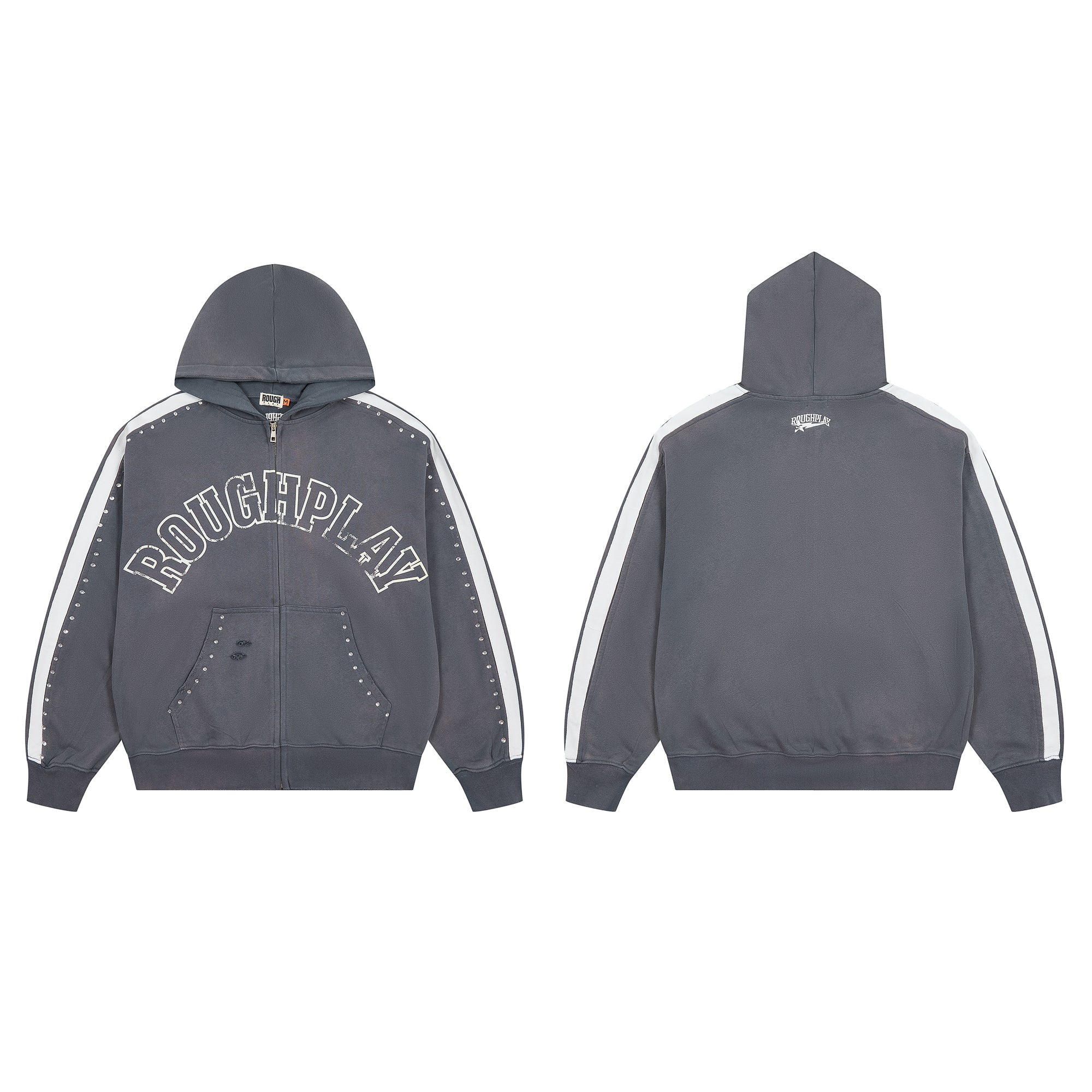ROUGHPLAY Studded Stripe Vintage Zip-Up Hoodie