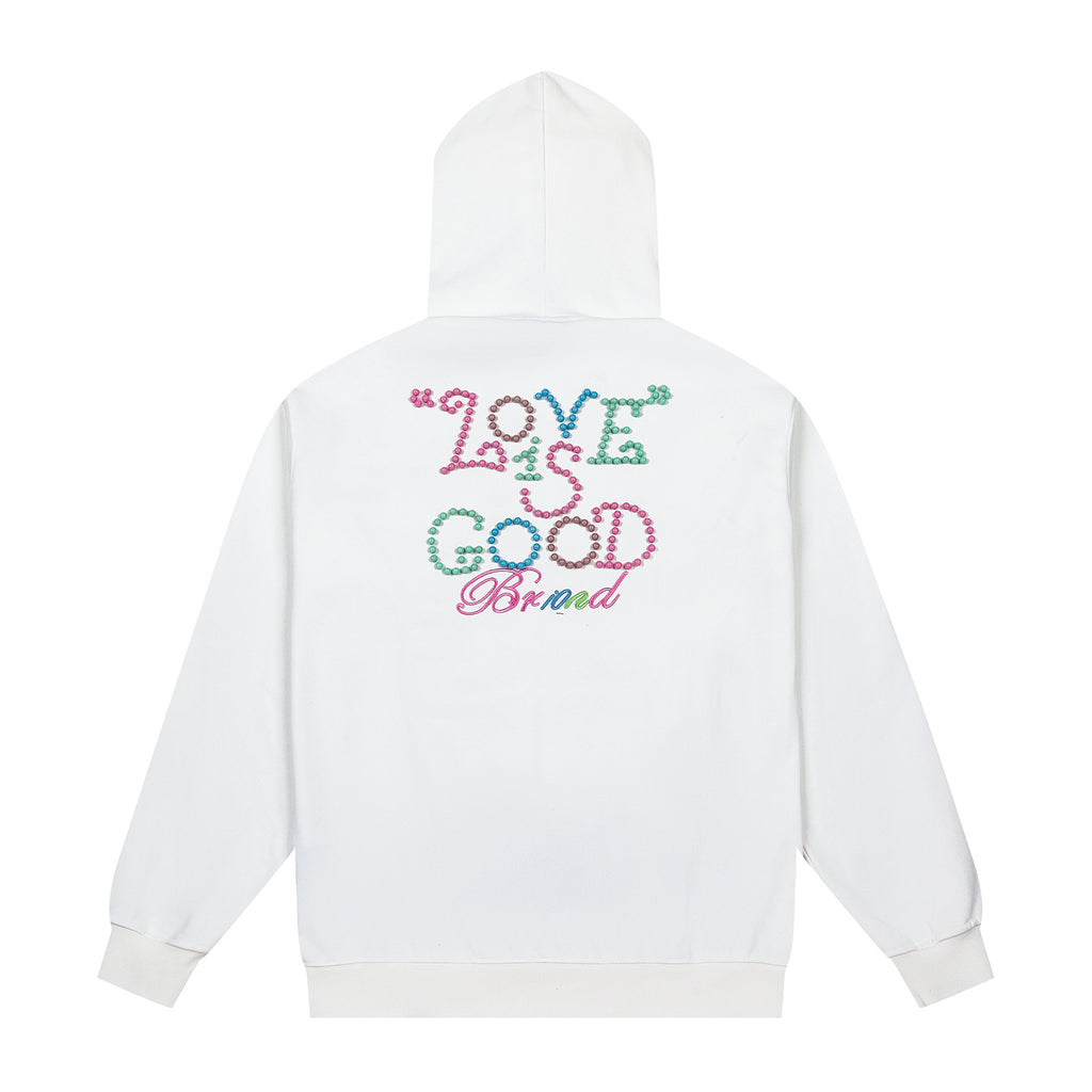 Color Rhinestone LOVE IS GOOD White Hoodie