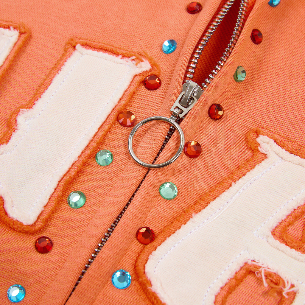 DUAA Gothic Letter 33 Rhinestone Orange Zip Up Hoodie