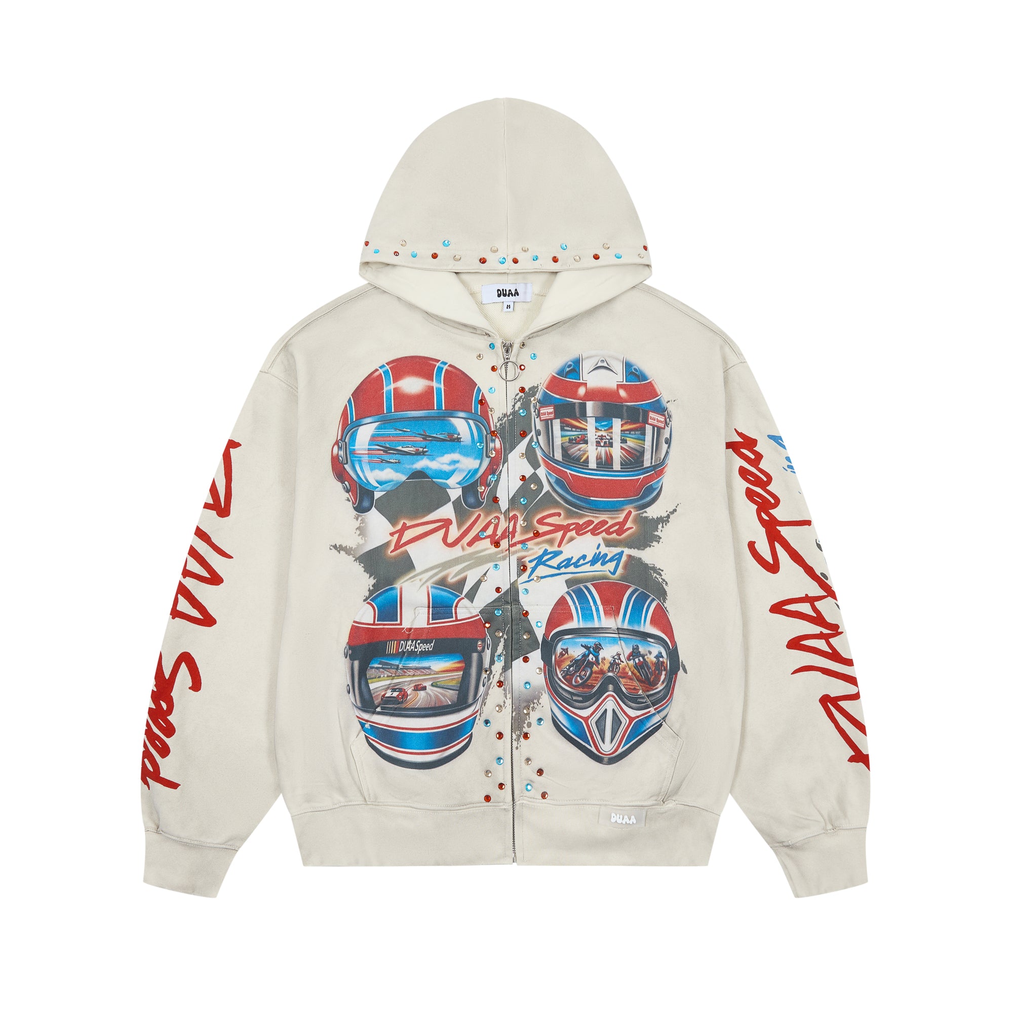 DUAA Racing Helmet Vintage Washed Beige Zip Up Hoodie