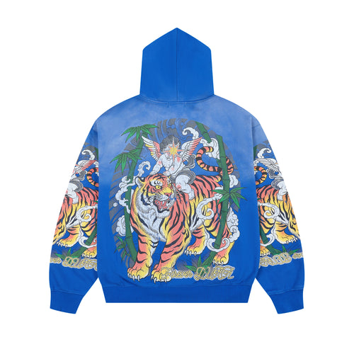 DUAA Angel Tiger Vintage Washed Blue Zip Up Hoodie