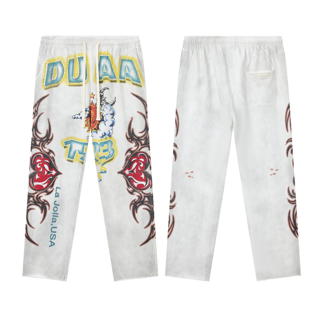 DUAA Sun Moon Heart Totem White Straight Sweatpants